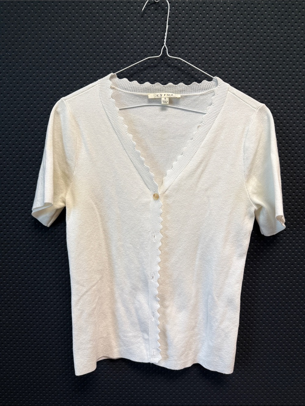 Cyrus White Scalloped V-Neck Short Sleeve Cardigan